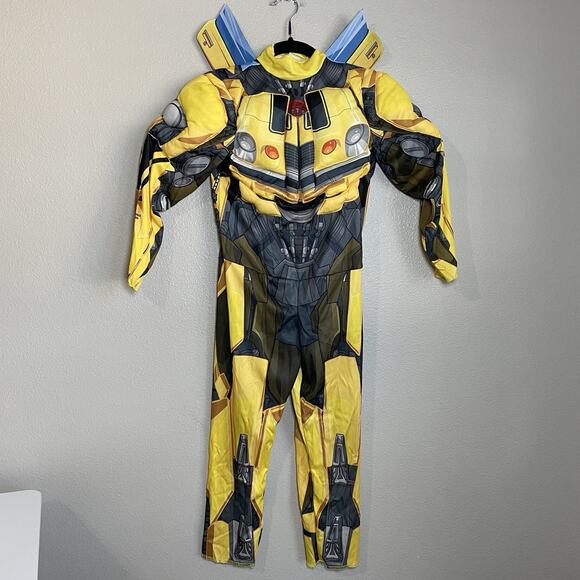 Transformers Bumblebee Costume Boys Sz S 4-6 Padded Jumpsuit Mask Yellow Muscles - Picture 6 of 7